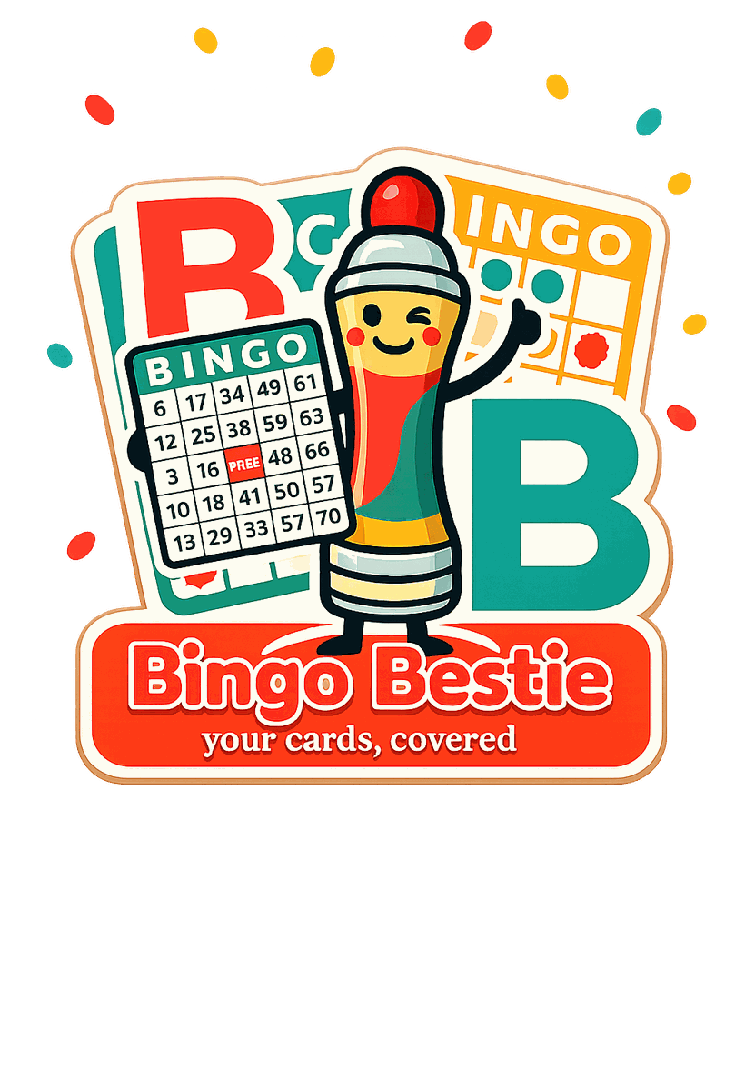 Bingo Bestie mascot holding a bingo card, with the words 'your cards, covered'